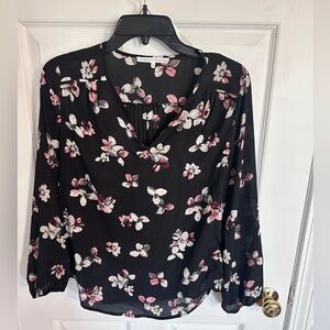 Black blouse with pink and cream flowers